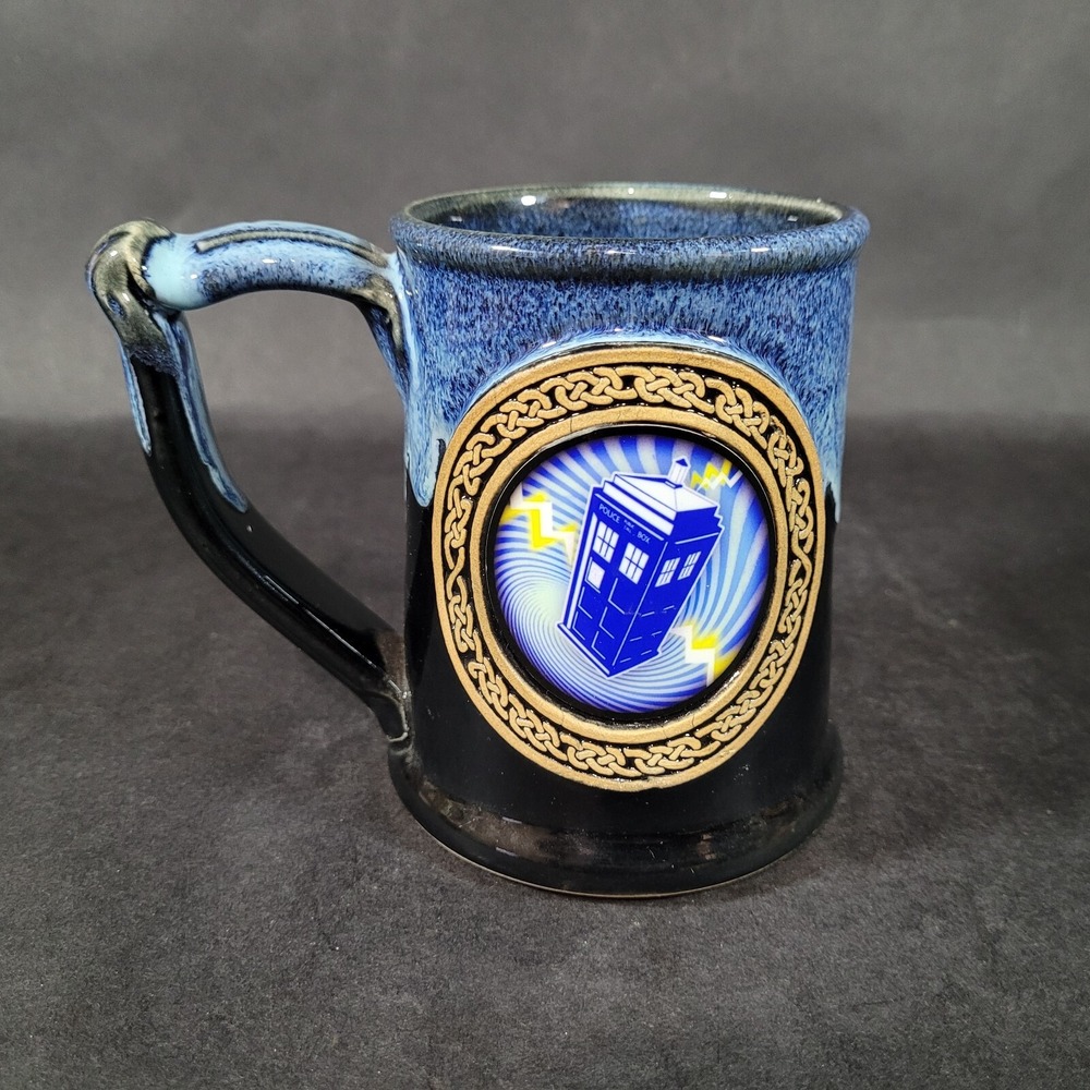 Dr. Who Phone Booth Art Pottery Mug Coffee Cup Artist Signed JC John Coiner Blue